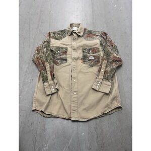 Rasco Mens Med Khaki Camo Flame Resistant FR Pearl Snap Work Shirt Long Sleeve